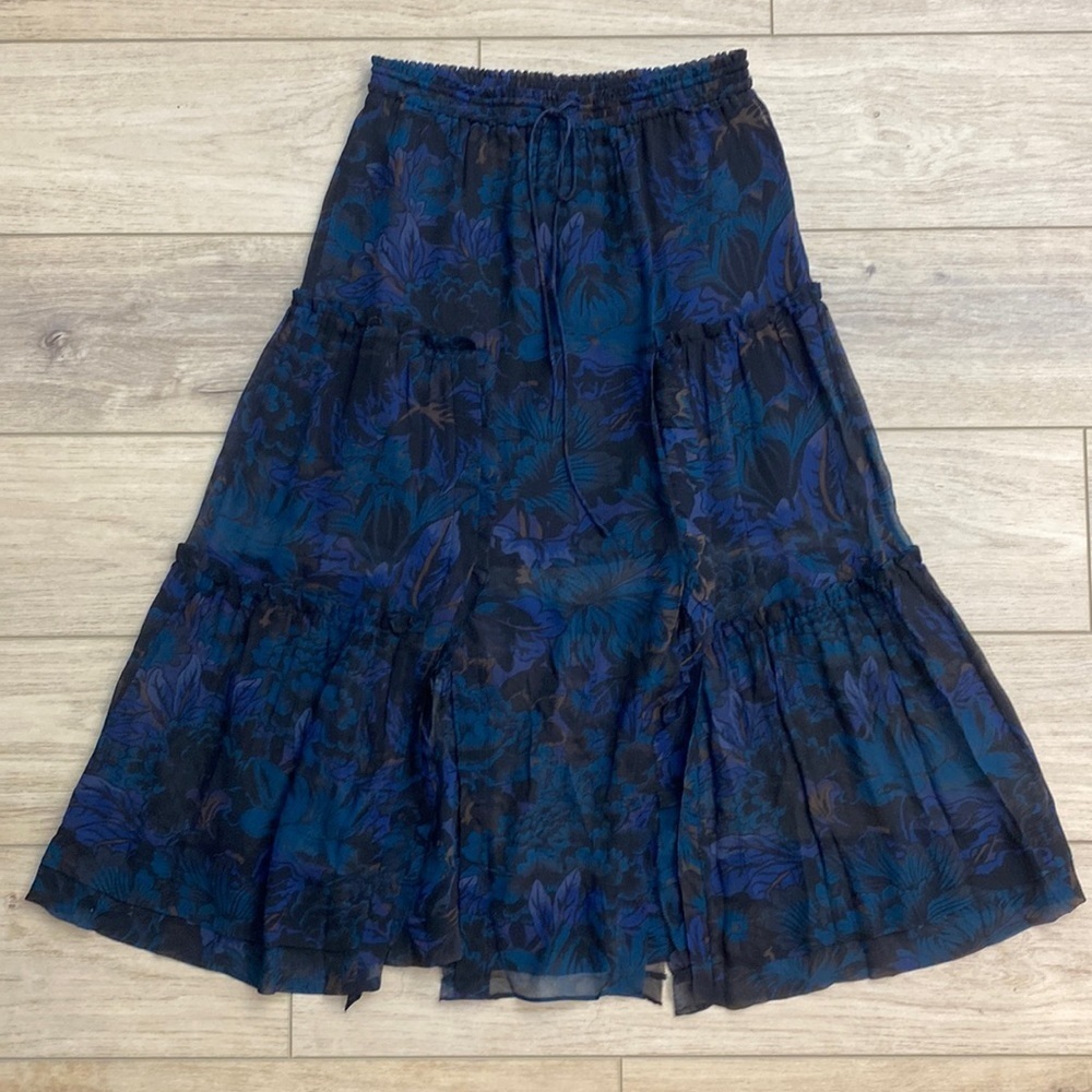 Coach Kaffe Fassett Silk Midi Skirt Dark Floral Moody Ruffle